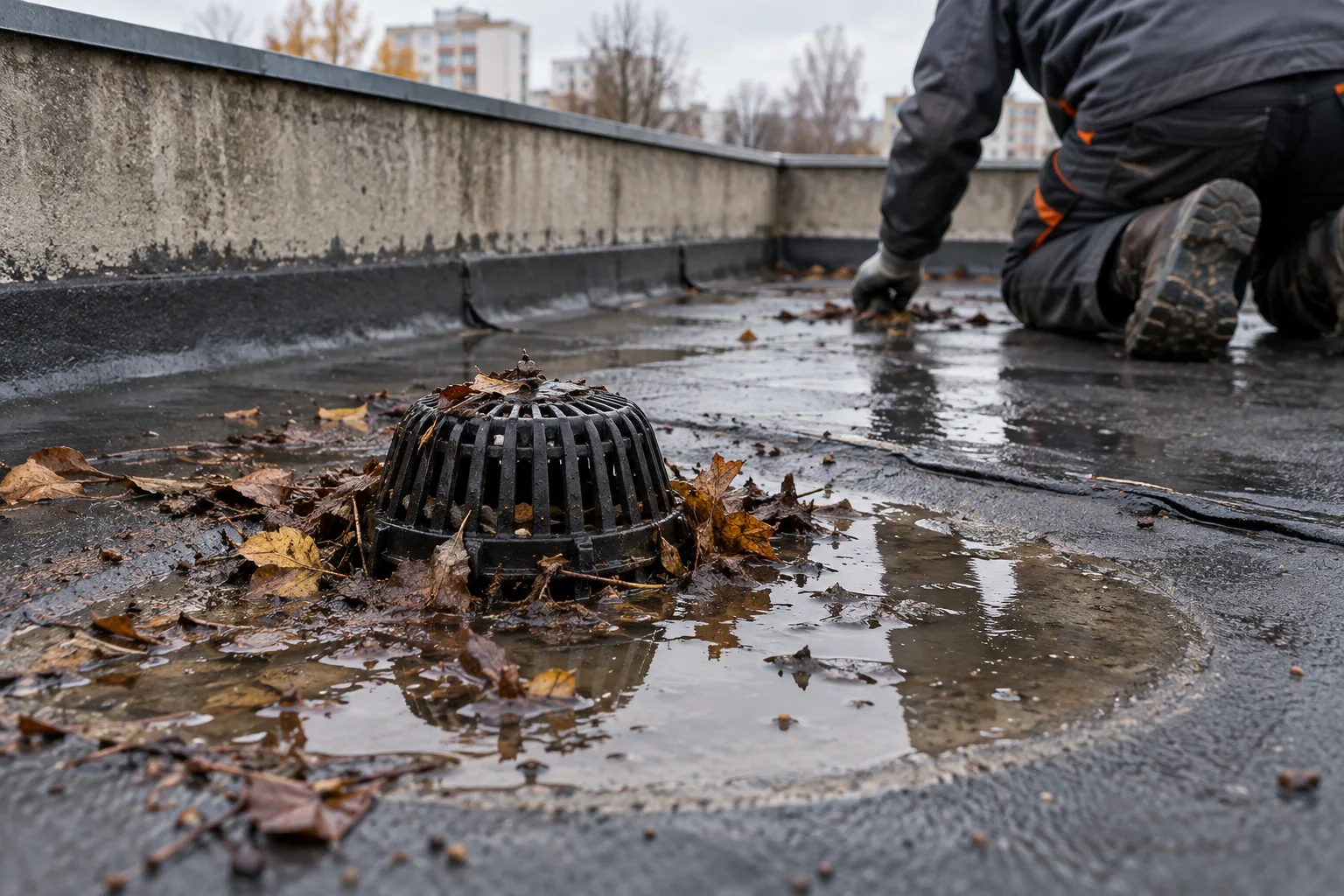 Guri de scurgere pe terasă: de ce se înfundă, cum produc infiltrații și cum se repară